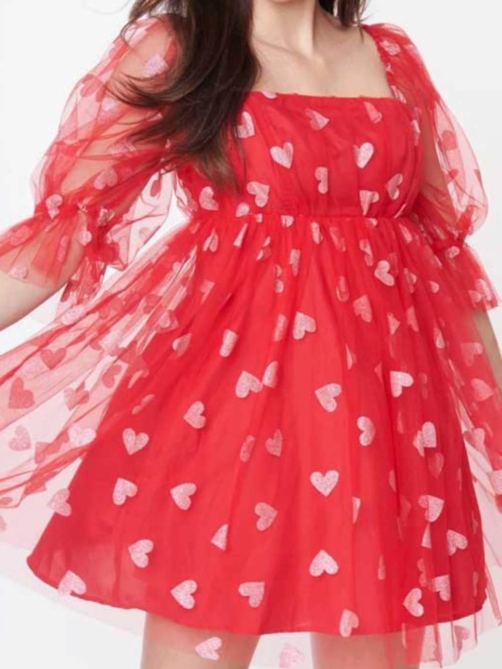 Red Heart-Print Mini Dress - Feminine Puff Sleeve Style - Picture 5 of 12